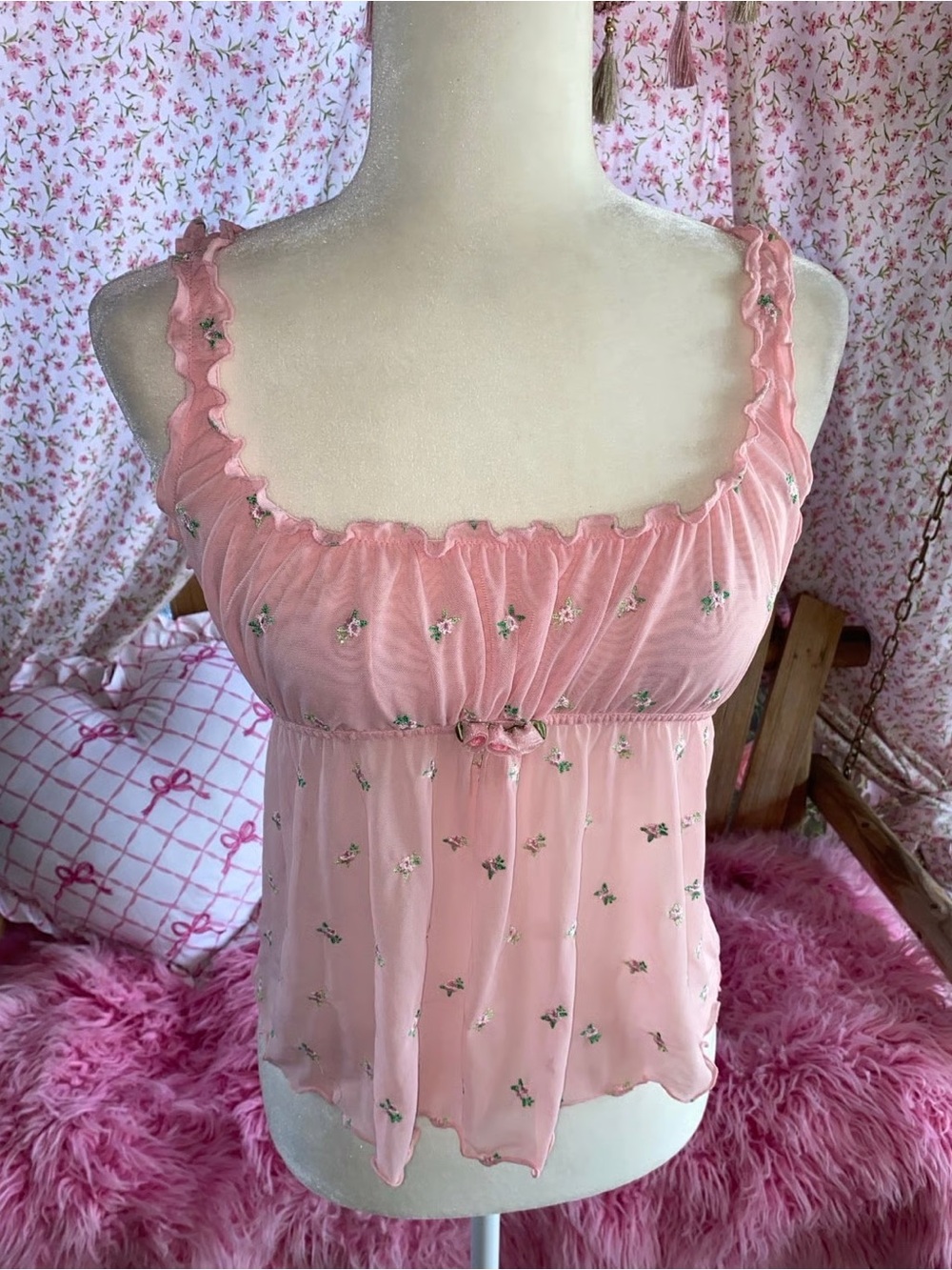 Victoria Secret Y2K Mesh Cami Victoria’s Secret rosette milkmaid top Harajuku